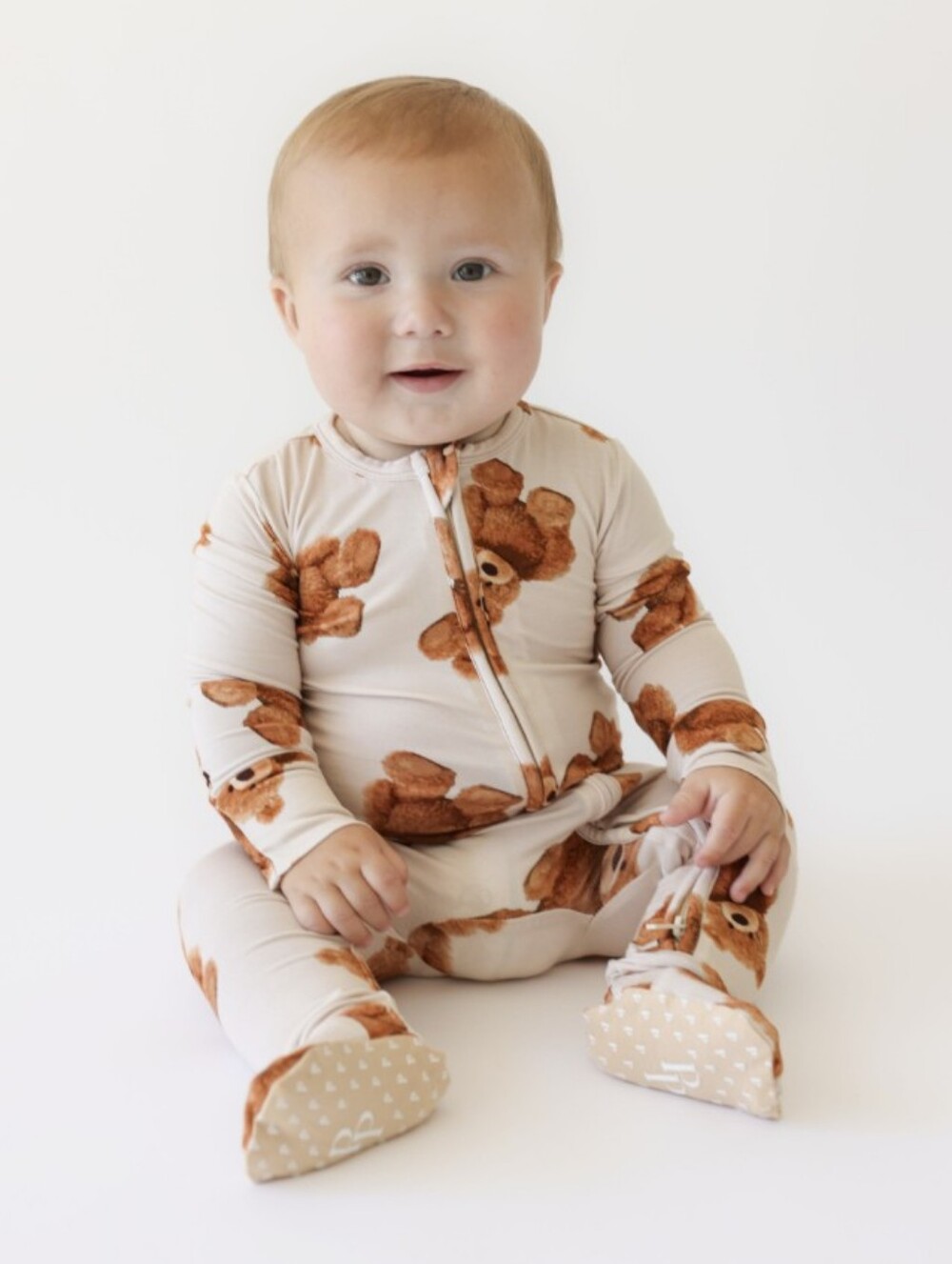 Posh Peanut Bamboo Teddy Bear Sleeper 9-12M Ribbed Footie Pajamas Neutral Baby